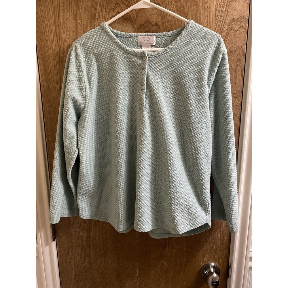 Oscar De La Renta Women's L Mint Green Thermal Top 1/4 Button Pullover Shirt
